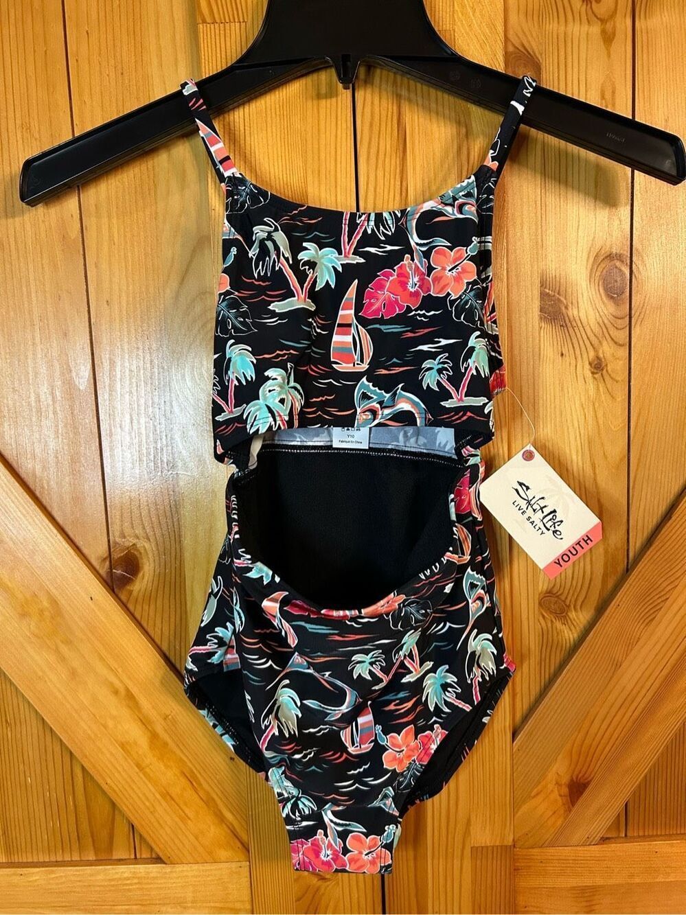 Salt Life swimsuit one piece tropical black Youth 10 nwt (0134)